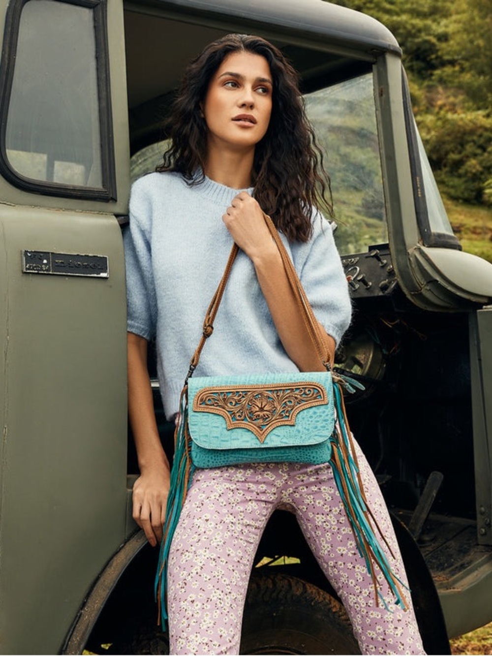 $99 NWOT Myra Bag Heartsy Hand-Tooled Bag turquoise fringe western bag
